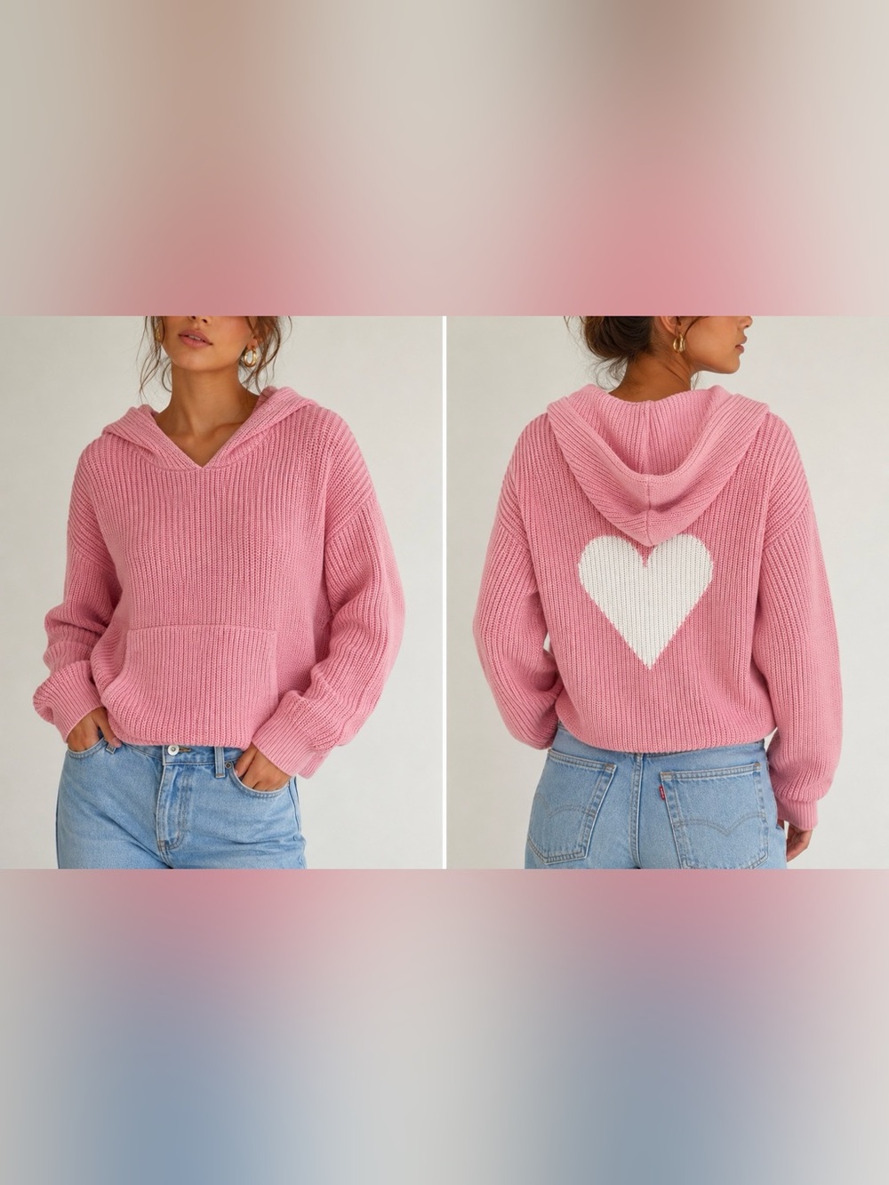 Woollo Pink Heart Heavyweight Cotton Knit Hoodie Sweater Size S